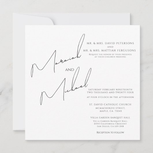 Invitation Mariage de scripts blanc et noir moderne (Devant)