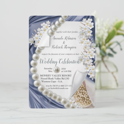 Invitation Mariage de soie bleue et perles d'ivoire (Debout devant)
