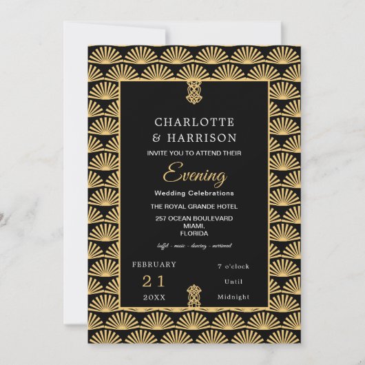 Invitation Mariage de soirée Art Déco Classy Black Gold (Devant)