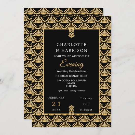 Invitation Mariage de soirée Art Déco Classy Black Gold (Devant / Derrière)