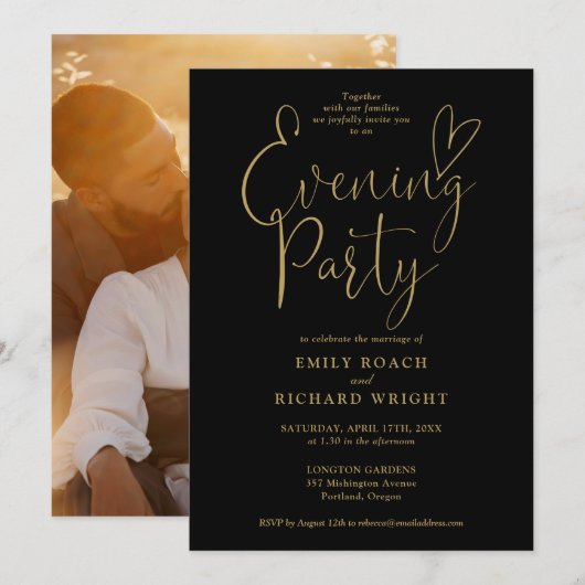 Invitation Mariage de soirée Black and Gold Script (Devant / Derrière)
