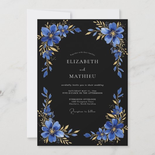 Invitation Mariage de soirée bleu royal doré (Devant)