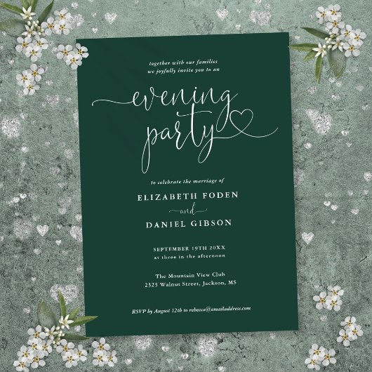 Invitation Mariage de soirée de fête de script de coeur vert