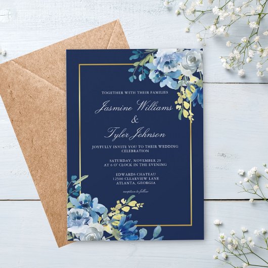 Invitation Mariage de soirée élégant avec des fleurs dorées e