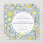 Invitation Mariage de soirée moderne bleu jaune floral (Devant / Derrière)