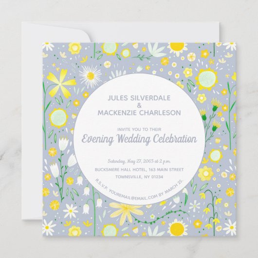 Invitation Mariage de soirée moderne bleu jaune floral (Devant)