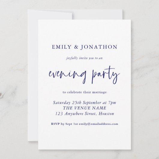 Invitation Mariage de soirée moderne Marine Blue Script (Devant)