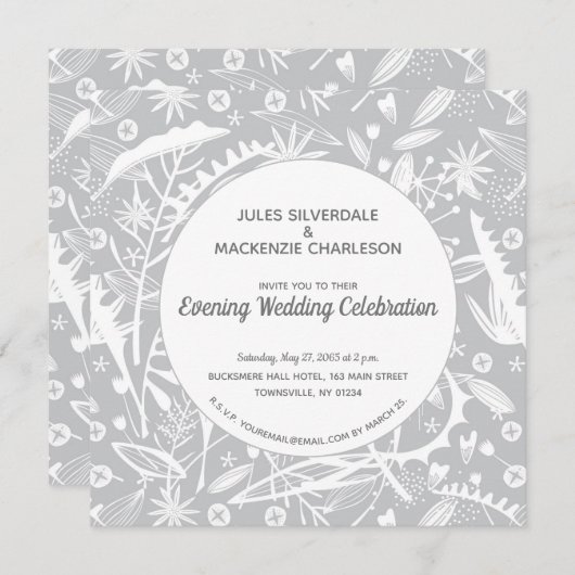 Invitation Mariage de soirée Motif en argent botanique (Devant / Derrière)