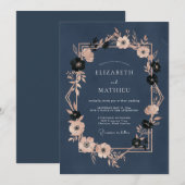 Invitation Mariage de soirée opulent bleu marine (Devant / Derrière)