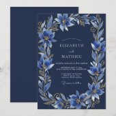 Invitation Mariage de soirée orné bleu marine (Devant / Derrière)