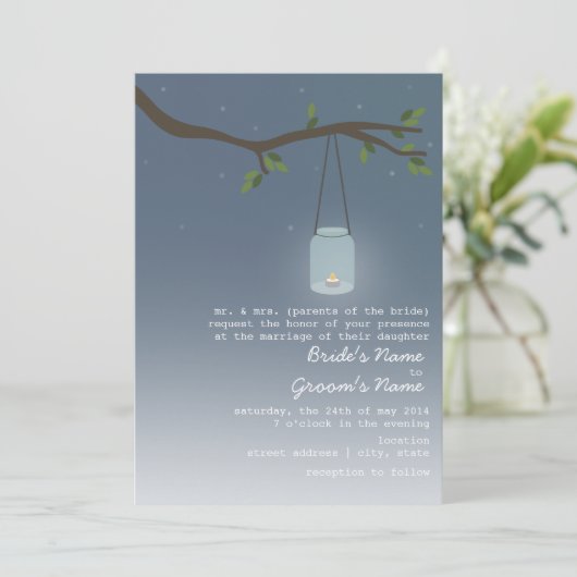 Invitation Mariage de soirée - pot de maçon avec la bougie (Debout devant)