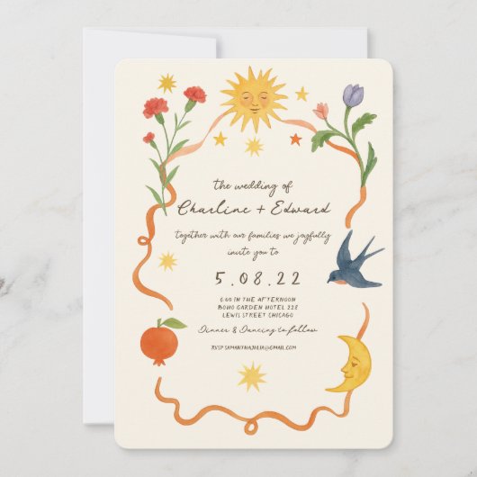 Invitation Mariage de soleil et de lune peint à la main (Devant)