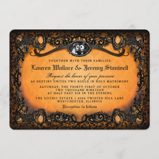 Invitation Mariage de squelette d'Halloween noir orange