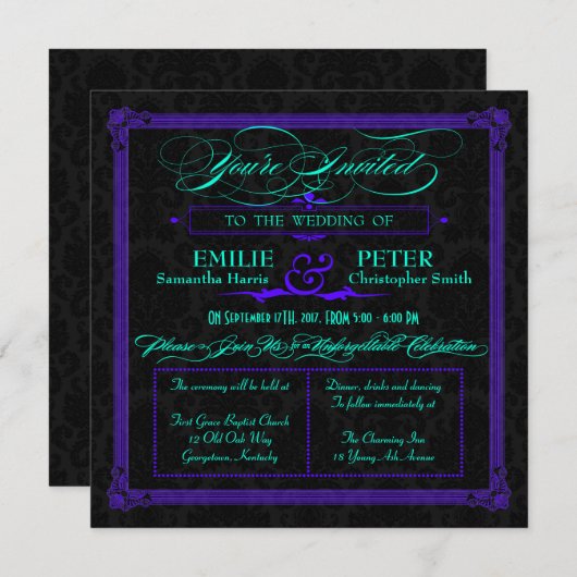 Invitation Mariage de style affiche Turquoise et vert violet (Devant / Derrière)