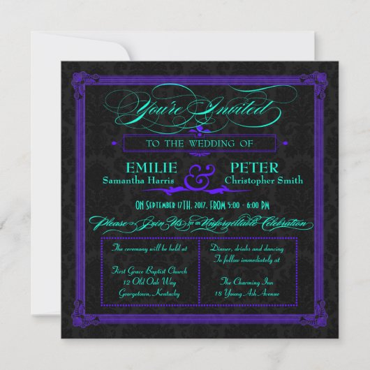 Invitation Mariage de style affiche Turquoise et vert violet (Devant)