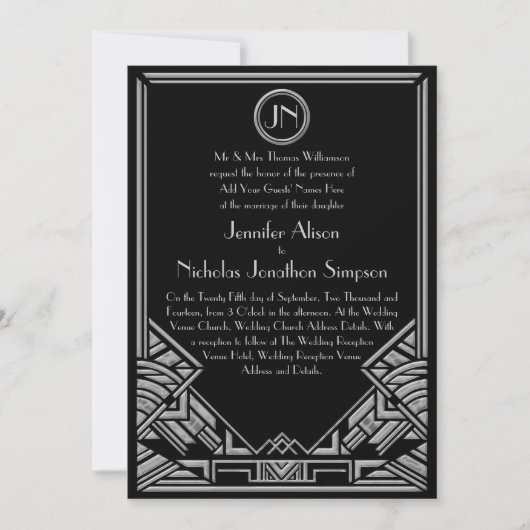 Invitation Mariage de style Art déco de Black Silver (Devant)