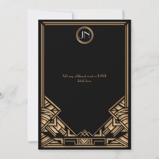 Invitation Mariage de style Art déco Gatsby Noir et Faux Or (Dos)