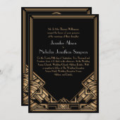 Invitation Mariage de style Art déco Gatsby Noir et Faux Or (Devant / Derrière)