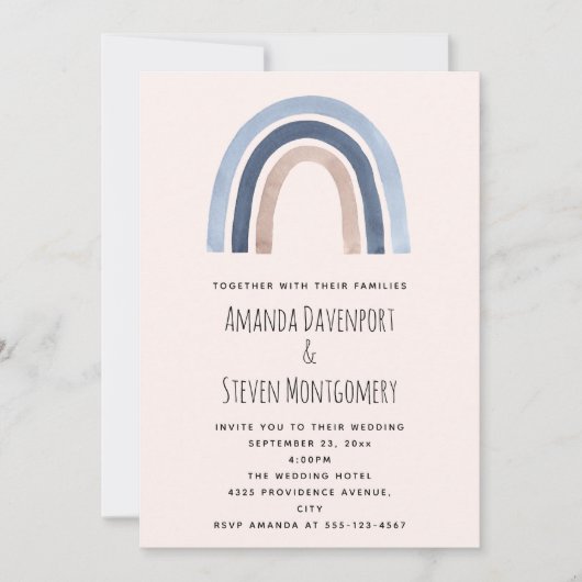 Invitation Mariage de style boho arc-en-ciel bleu et pêche (Devant)