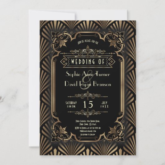 Invitation Mariage de style Gatsby Art Déco or et noir des an (Devant)