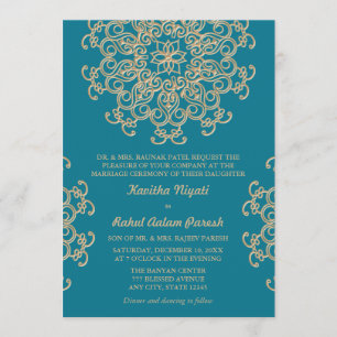 INVITATION MARIAGE DE STYLE INDIEN BLEU AQUAMARINE ET OR