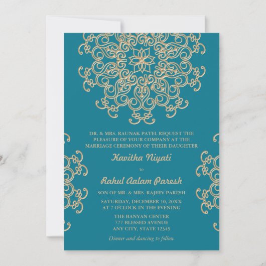 INVITATION MARIAGE DE STYLE INDIEN BLEU ET OR AQUAMARINE (Devant)