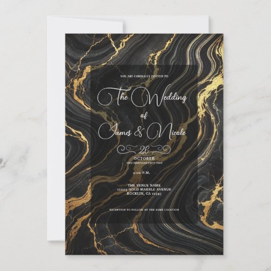 Invitation Mariage de style marbre noir or chic glamour (Devant)