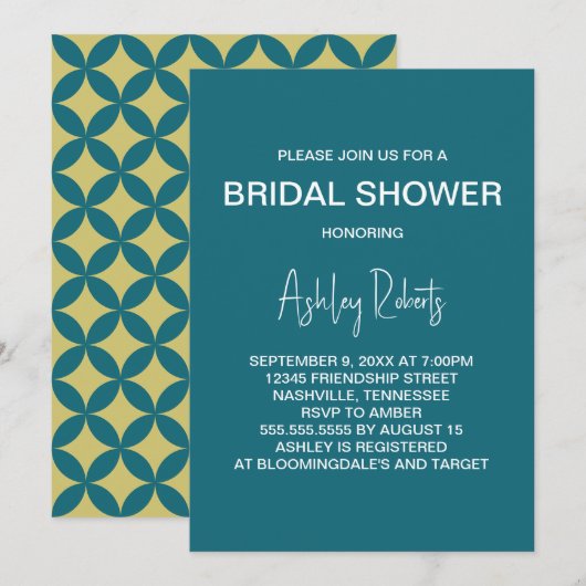 Invitation Mariage de style Mid-Century Modern or et sarcelle (Devant / Derrière)