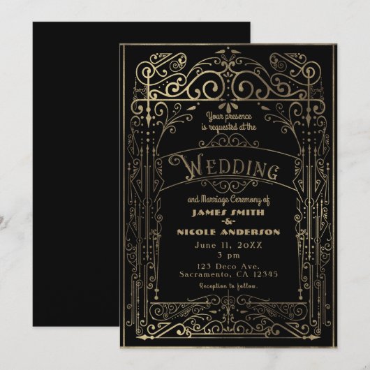 Invitation Mariage de style victorien doré et noir (Devant / Derrière)
