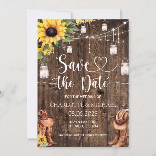 Invitation Mariage de style Western rustique, Save the Date (Devant)
