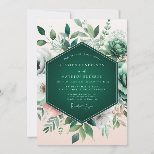 Invitation Mariage de Succulentes Vert Émeraude Flourissantes (Devant)