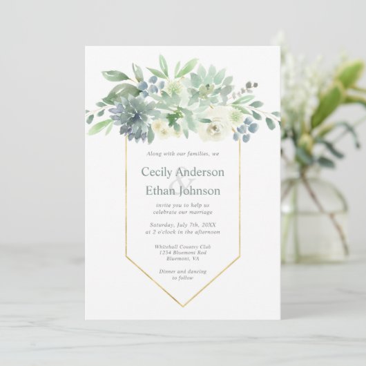 Invitation Mariage de succulents vert pâle et de fleurs blanc (Debout devant)