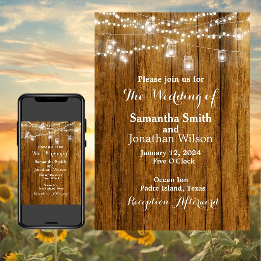 Invitation Mariage de suspension en bois rustique Mason Jar