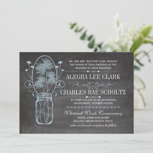 Invitation Mariage de tableau de bord bleu rustique Mason Jar (Debout devant)