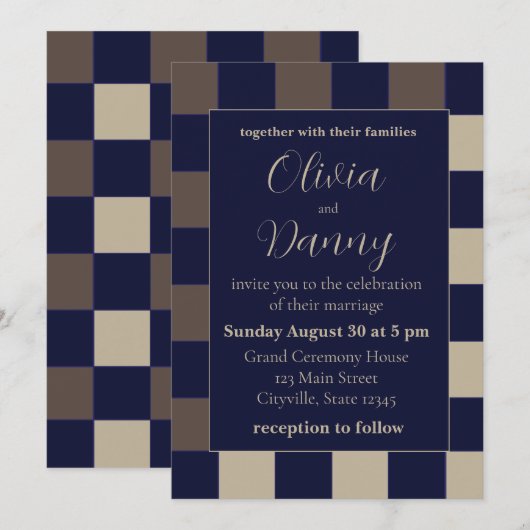 Invitation Mariage de tableau de bord Brown bleu foncé (Devant / Derrière)