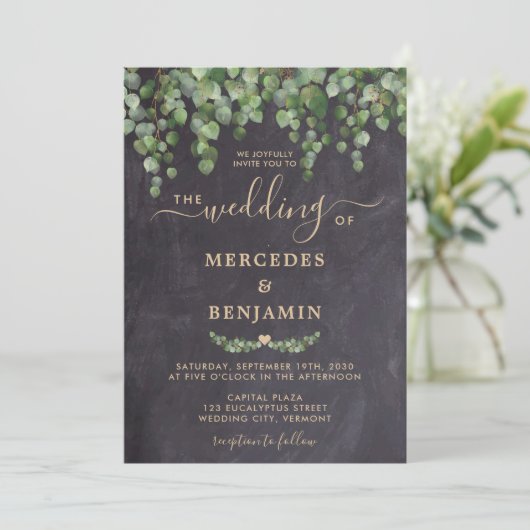 Invitation Mariage de tableau de bord en or Eucalyptus Rustiq (Debout devant)