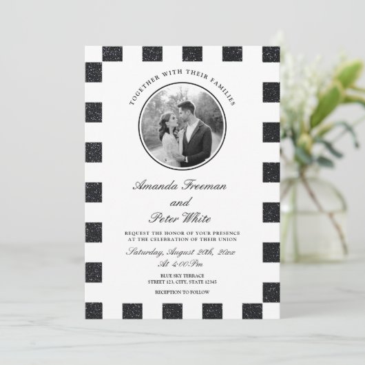 Invitation Mariage de tableau de bord noir et blanc élégant (Debout devant)