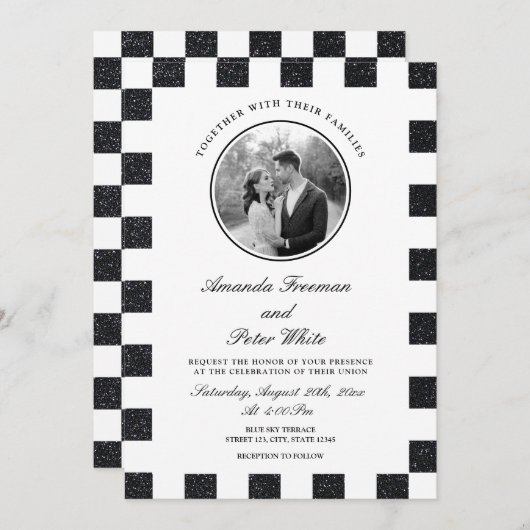 Invitation Mariage de tableau de bord noir et blanc élégant (Devant / Derrière)