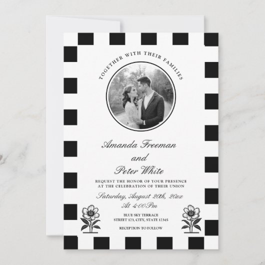 Invitation Mariage de tableau de bord noir et blanc élégant (Devant)