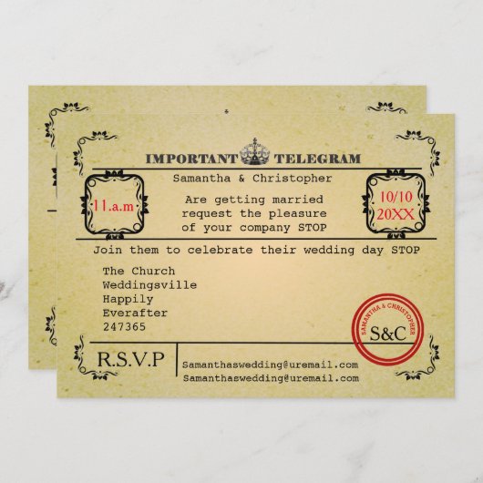 Invitation mariage de télégramme Vintage (Devant / Derrière)