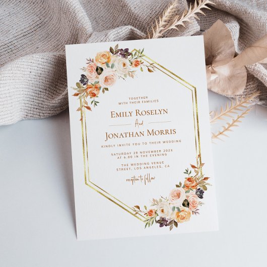 Invitation mariage de terre fleurie de chute d'or géométrique