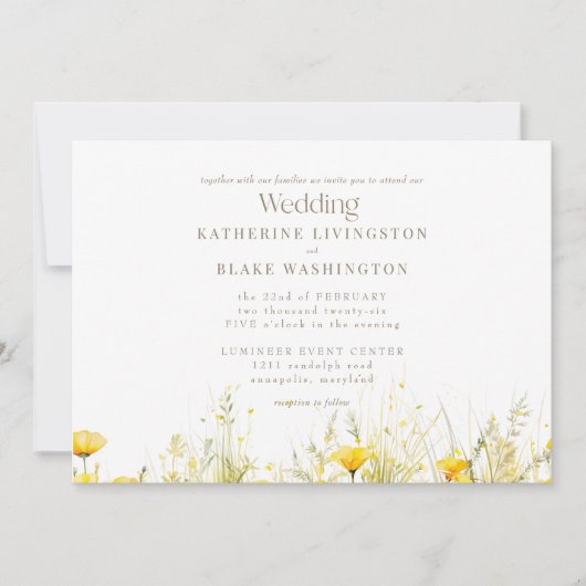 Invitation Mariage de texte couleur or jaune Fleur sauvage (Devant)