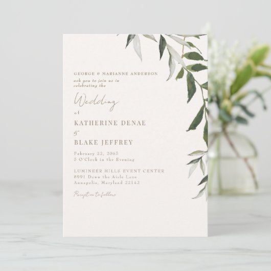 Invitation Mariage de texte léger Champagne Greenery Gold (Debout devant)