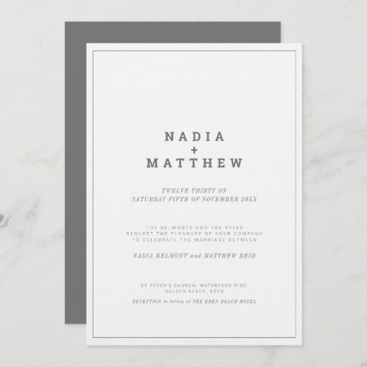Invitation Mariage de texte vertical blanc gris minimal (Devant / Derrière)
