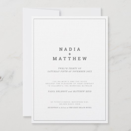 Invitation Mariage de texte vertical blanc gris minimal (Devant)