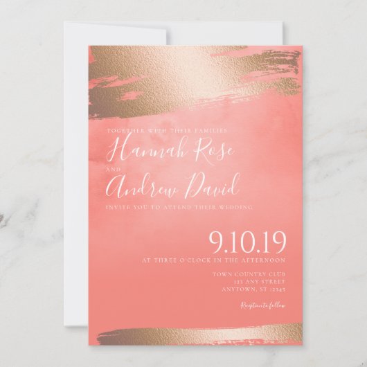 Invitation Mariage de texture d'or et de corail rose (Devant)
