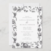 Invitation Mariage de toile florale noir et blanc antique (Devant)