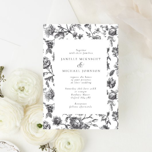 Invitation Mariage de toile florale noir et blanc antique
