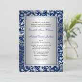 Invitation Mariage de tourbillons bleu marine et argent Damas (Debout devant)