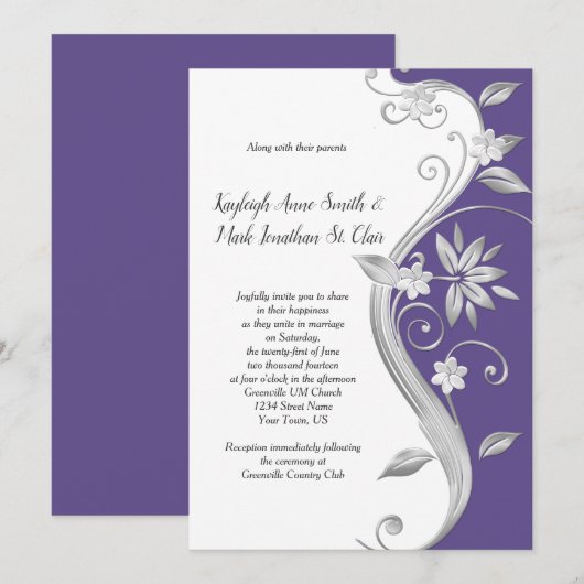 Invitation Mariage de tourbillons floraux ornés violets et ar (Devant / Derrière)